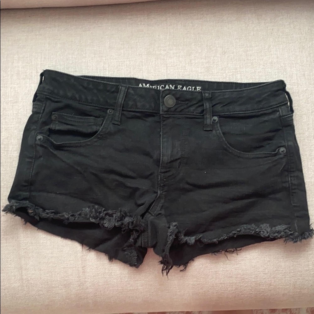 Black distressed denim shorts